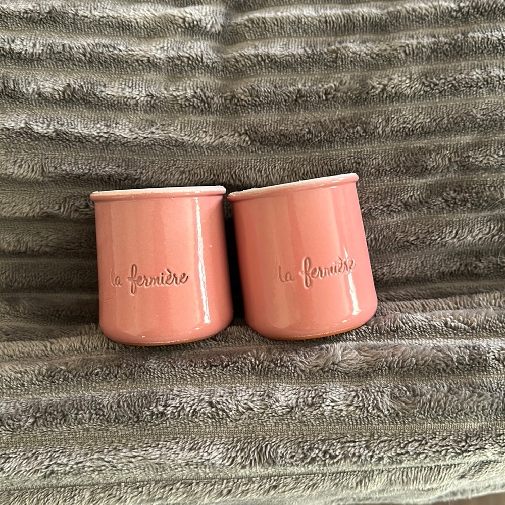 Two pink shiny glazed la fermiere pots